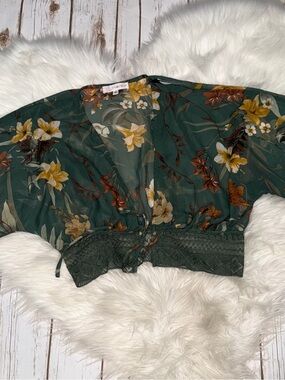 Timing Teal Green Floral Sheer TieFront Blouse Small